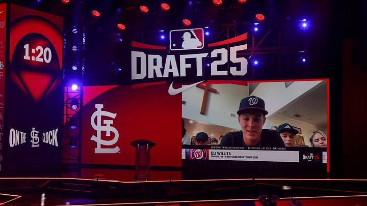 Jul 13, 2025; Atlanta, GA, USA; Washington Nationals first overall pick Eli Willits does an interview during the MLB Draft at The Coca-Cola Roxy. Mandatory Credit: Brett Davis-Imagn Images