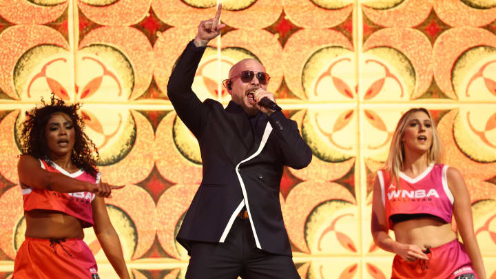 Jul 20, 2024; Phoenix, AZ, USA; Entertainer and recording artist Pitbull performs during the half time show for the WNBA All Star Game between Team WNBA and USA Women's National Team at Footprint Center. Mandatory Credit: Mark J. Rebilas-USA TODAY Sports