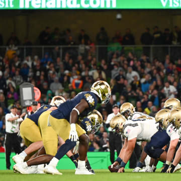 Aug 26, 2023; Dublin, IRL; The Notre Dame Fighting Irish and the Navy Midshipmen prepare for the snap in the second half at Aviva Stadium.