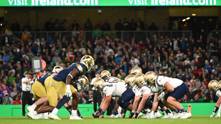 Aug 26, 2023; Dublin, IRL; The Notre Dame Fighting Irish and the Navy Midshipmen prepare for the snap in the second half at Aviva Stadium.