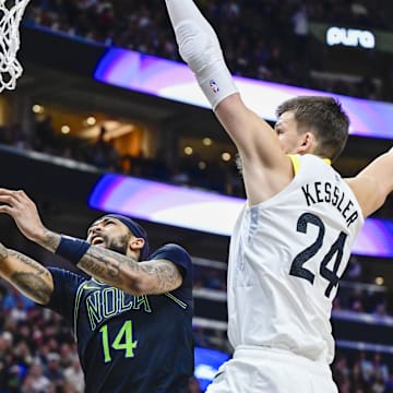 Nov 25, 2023; Salt Lake City, Utah, USA; New Orleans Pelicans forward Brandon Ingram (14) shoots the ball against Utah Jazz center Walker Kessler (24) during the second half at Delta Center. Mandatory Credit: Christopher Creveling-Imagn Images