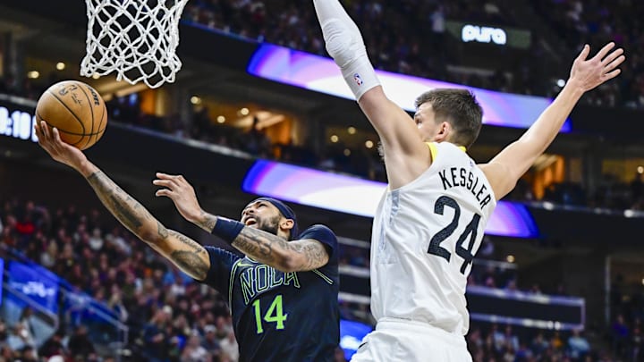 Nov 25, 2023; Salt Lake City, Utah, USA; New Orleans Pelicans forward Brandon Ingram (14) shoots the ball against Utah Jazz center Walker Kessler (24) during the second half at Delta Center. Mandatory Credit: Christopher Creveling-Imagn Images