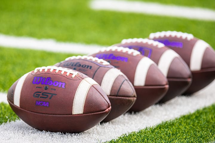 Detailed view of the NCAA footballs during warmups before the game against Tulane Green Wave and Northwestern Wildcats 