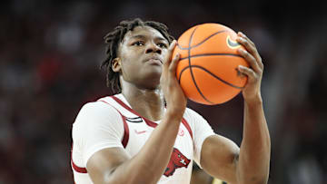 Feb 22, 2025; Fayetteville, Arkansas, USA; Arkansas Razorbacks forward Adou Thiero (3) shoots a free-throw during the second half against the Missouri Tigers at Bud Walton Arena. Mandatory Credit: Nelson Chenault-Imagn Images