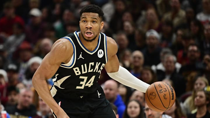 Dec 20, 2024; Cleveland, Ohio, USA; Milwaukee Bucks forward Giannis Antetokounmpo (34) drives to the basket against the Cleveland Cavaliers during the first quarter at Rocket Mortgage FieldHouse. Mandatory Credit: Ken Blaze-Imagn Images