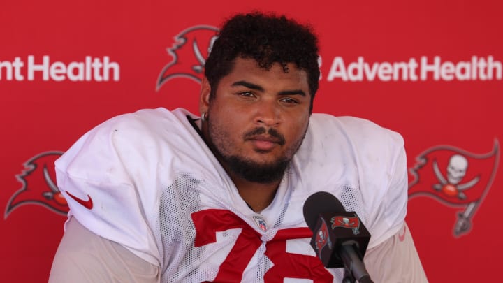 Aug 3, 2023; Tampa Bay, FL, USA;  Tampa Bay Buccaneers offensive tackle Tristan Wirfs (78) gives a press conference after training camp at AdventHealth Training Center. Mandatory Credit: Nathan Ray Seebeck-USA TODAY Sports