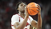 Feb 22, 2025; Fayetteville, Arkansas, USA; Arkansas Razorbacks forward Adou Thiero (3) shoots a free-throw during the second half against the Missouri Tigers at Bud Walton Arena. 