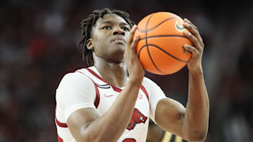 Feb 22, 2025; Fayetteville, Arkansas, USA; Arkansas Razorbacks forward Adou Thiero (3) shoots a free-throw during the second half against the Missouri Tigers at Bud Walton Arena. 