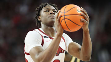 Feb 22, 2025; Fayetteville, Arkansas, USA; Arkansas Razorbacks forward Adou Thiero (3) shoots a free-throw during the second half against the Missouri Tigers at Bud Walton Arena. Mandatory Credit: Nelson Chenault-Imagn Images