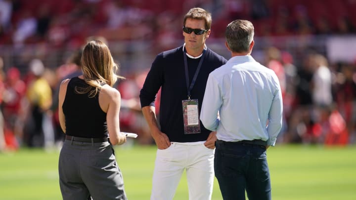 Aug 18, 2024; Santa Clara, California, USA; Former NFL quarterback Tom Brady stands on the field before the start of the game between the New Orleans Saints and the San Francisco 49ers at Levi's Stadium. Mandatory Credit: Cary Edmondson-USA TODAY Sports