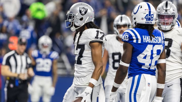 Dec 31, 2023; Indianapolis, Indiana, USA; Las Vegas Raiders wide receiver Davante Adams (17) celebrates his touchdown  in the second half  against the Indianapolis Colts at Lucas Oil Stadium. Mandatory Credit: Trevor Ruszkowski-USA TODAY Sports