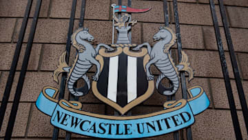 The club crest outside St James' Park, home of Newcastle United FC