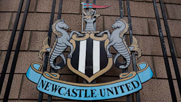 The club crest outside St James' Park, home of Newcastle United FC