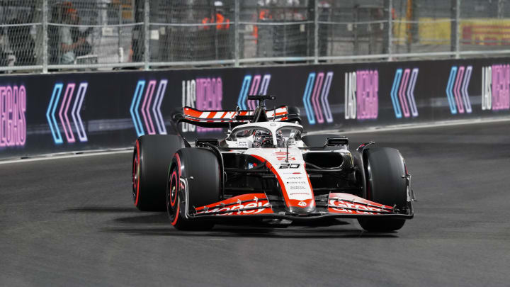 Nov 17, 2023; Las Vegas, Nevada, USA; Moneygram Haas F1 driver Kevin Magnussen (20) of Denmark drives during the qualifiers at the Las Vegas Strip Circuit. Mandatory Credit: Lucas Peltier-USA TODAY Sports