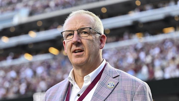 Oct 11, 2025; College Station, Texas, USA; SEC Commissioner Greg Sankey walks on the field prior to the game between the Texas A&M Aggies and the Florida Gators at Kyle Field. Mandatory Credit: Maria Lysaker-Imagn Images 