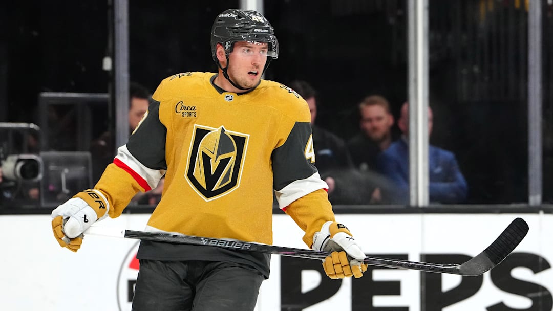 Apr 21, 2026; Las Vegas, Nevada, USA; Vegas Golden Knights left wing Ivan Barbashev (49) awaits a face off against the Utah Mammoth during the second period of game two of the first round of the 2026 Stanley Cup Playoffs at T-Mobile Arena. Mandatory Credit: Stephen R. Sylvanie-Imagn Images