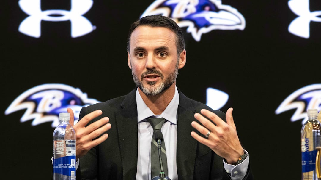 Jan 29, 2026; Owings Mills, MD, USA; Jesse Minter and Eric DeCosta at press conference at Under Armour Performance Center. Mandatory Credit: Lexi Thompson-Imagn Images Jan 29, 2026; Owings Mills, MD, USA; Jesse Minter and Eric DeCosta at press conference at Under Armour Performance Center. Mandatory Credit: Lexi Thompson-Imagn Images