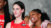Indiana Fever's Aliyah Boston (7), Caitlin Clark (22) and Kelsey Mitchell (0) take a phot before the 2025 WNBA All-Star Game on Saturday, July 19, 2025, at Gainbridge Fieldhouse in Indianapolis.
