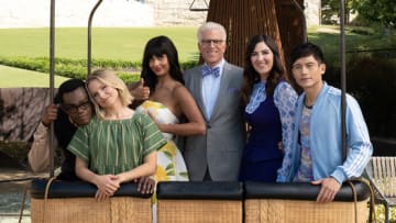 THE GOOD PLACE -- "Patty" Episode 412 -- Pictured: (l-r) William Jackson Harper as Chidi, Kristin Bell as Eleanor, Jameela Jamil as Tahani, Ted Danson as Michael, D'Arcy Carden as Janet, Manny Jacinto as Jason -- (Photo by: Colleen Hayes/NBC)