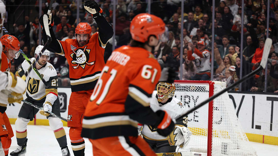 Feb 1, 2026; Anaheim, California, USA;  Anaheim Ducks left wing Chris Kreider (20) celebrates a goal by left wing Cutter Gauthier (61) during the second period against the Vegas Golden Knights at Honda Center. Mandatory Credit: Kiyoshi Mio-Imagn Images