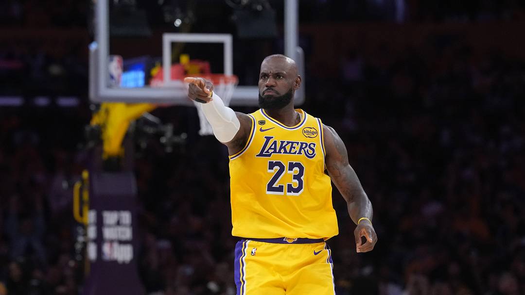 Apr 18, 2026; Los Angeles, California, USA; Los Angeles Lakers forward LeBron James (23) gestures against the Houston Rockets in the first half during game one of the first round of the 2026 NBA Playoffs at Crypto.com Arena. Mandatory Credit: Kirby Lee-Imagn Images