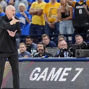 Jun 22, 2025; Oklahoma City, Oklahoma, USA; Indiana Pacers head coach Rick Carlisle reacts after a call following a play against the Oklahoma City Thunder during the second half of game seven of the 2025 NBA Finals at Paycom Center. Mandatory Credit: Kyle Terada-Imagn Images