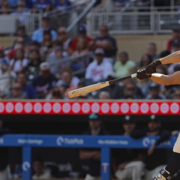 Minnesota Twins third baseman Royce Lewis (23) hits a three-run home run against the Toronto Blue Jays in the eighth inning at Target Field on Sept 1.