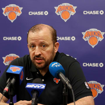 Oct 2, 2023; Tarrytown, NY, USA; New York Knicks head coach Tom Thibodeau speaks to the media during a media day press conference at the MSG Training Center. Mandatory Credit: Brad Penner-Imagn Images