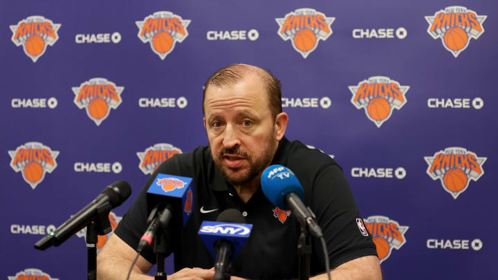 Oct 2, 2023; Tarrytown, NY, USA; New York Knicks head coach Tom Thibodeau speaks to the media during a media day press conference at the MSG Training Center. Mandatory Credit: Brad Penner-USA TODAY Sports