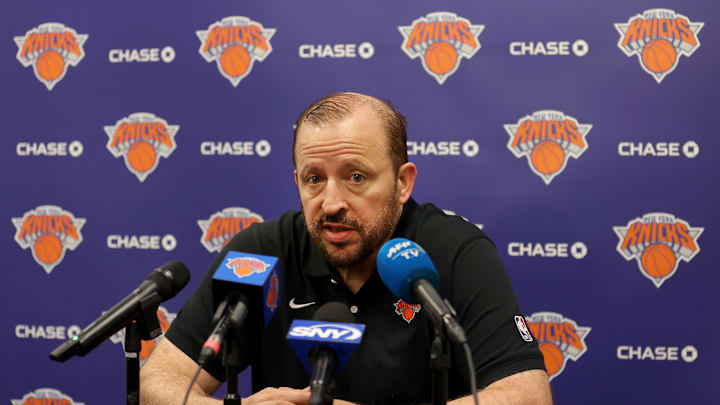 Oct 2, 2023; Tarrytown, NY, USA; New York Knicks head coach Tom Thibodeau speaks to the media during a media day press conference at the MSG Training Center. Mandatory Credit: Brad Penner-Imagn Images