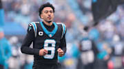 Nov 30, 2025; Charlotte, North Carolina, USA;  Carolina Panthers quarterback Bryce Young (9) takes the field before the game against the Los Angeles Rams at Bank of America Stadium. Mandatory Credit: Scott Kinser-Imagn Images