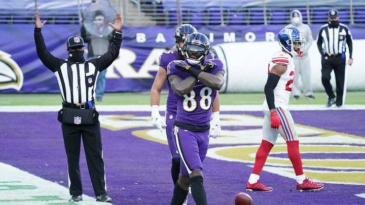 Dec 27, 2020; Baltimore, Maryland, USA; Baltimore Ravens  wide receiver Dez Bryant (88) reacts following his fourth quarter touchdown catch against the New York Giants at M&T Bank Stadium. Mandatory Credit: Mitch Stringer-Imagn Images