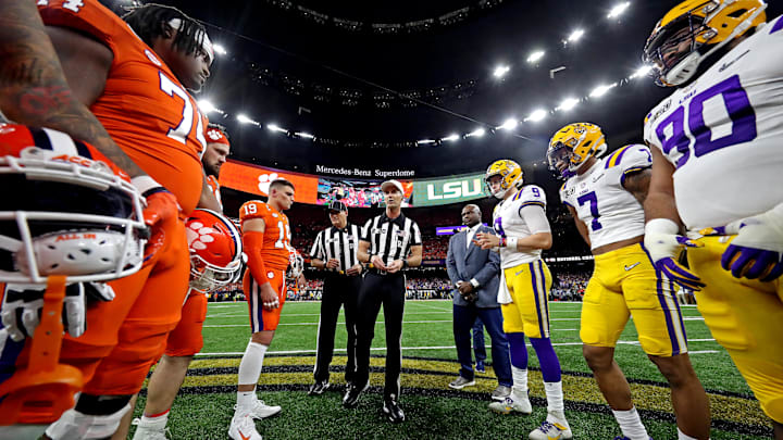 Jan 13, 2020; New Orleans, LA, USA; A view of the coin toss before in the College Football Playoff national championship game between the Clemson Tigers and the LSU Tigers at the Mercedes-Benz Superdome. Mandatory Credit: CFP Images via Imagn Images