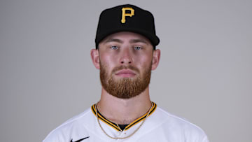 Feb 22, 2023; Bradenton, FL, USA; Pittsburgh Pirates pitcher Mike Burrows (53) poses for photos