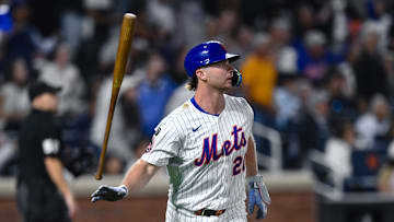 Aug 28, 2025; New York City, New York, USA; New York Mets first baseman Pete Alonso (20) reacts after hitting a two run home run against the Miami Marlins during the fifth inning at Citi Field. Mandatory Credit: John Jones-Imagn Images