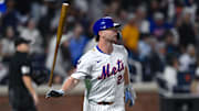 Aug 28, 2025; New York City, New York, USA; New York Mets first baseman Pete Alonso (20) reacts after hitting a two run home run against the Miami Marlins during the fifth inning at Citi Field. Mandatory Credit: John Jones-Imagn Images