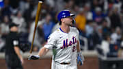 Aug 28, 2025; New York City, New York, USA; New York Mets first baseman Pete Alonso (20) reacts after hitting a two run home run against the Miami Marlins during the fifth inning at Citi Field. Mandatory Credit: John Jones-Imagn Images