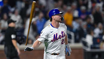 Aug 28, 2025; New York City, New York, USA; New York Mets first baseman Pete Alonso (20) reacts after hitting a two run home run against the Miami Marlins during the fifth inning at Citi Field. Mandatory Credit: John Jones-Imagn Images