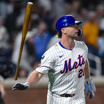 Aug 28, 2025; New York City, New York, USA; New York Mets first baseman Pete Alonso (20) reacts after hitting a two run home run against the Miami Marlins during the fifth inning at Citi Field. Mandatory Credit: John Jones-Imagn Images