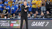 Jun 22, 2025; Oklahoma City, Oklahoma, USA; Indiana Pacers head coach Rick Carlisle reacts after a call following a play against the Oklahoma City Thunder during the second half of game seven of the 2025 NBA Finals at Paycom Center. Mandatory Credit: Kyle Terada-Imagn Images