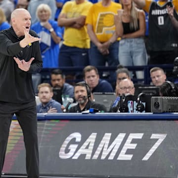 Jun 22, 2025; Oklahoma City, Oklahoma, USA; Indiana Pacers head coach Rick Carlisle reacts after a call following a play against the Oklahoma City Thunder during the second half of game seven of the 2025 NBA Finals at Paycom Center. Mandatory Credit: Kyle Terada-Imagn Images
