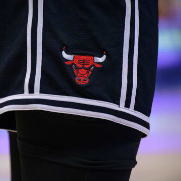 Jan 9, 2022; Dallas, Texas, USA; A view of the Chicago Bulls logo before the game between the Dallas Mavericks and the Chicago Bulls at the American Airlines Center. Mandatory Credit: Jerome Miron-USA TODAY Sports