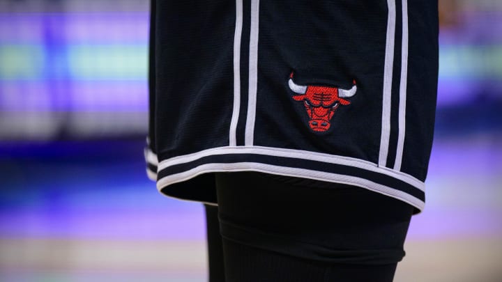 Jan 9, 2022; Dallas, Texas, USA; A view of the Chicago Bulls logo before the game between the Dallas Mavericks and the Chicago Bulls at the American Airlines Center. Mandatory Credit: Jerome Miron-USA TODAY Sports