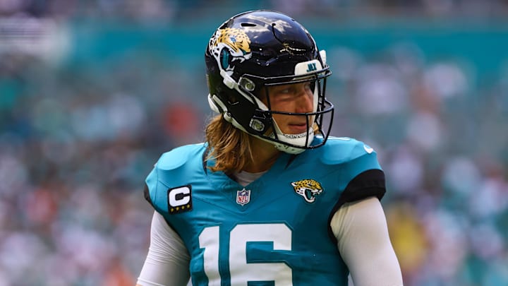 Sep 8, 2024; Miami Gardens, Florida, USA; Jacksonville Jaguars quarterback Trevor Lawrence (16) looks on against the Miami Dolphins during the first quarter at Hard Rock Stadium. Mandatory Credit: Sam Navarro-Imagn Images