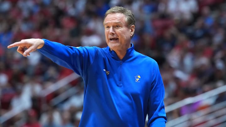 Mar 22, 2026; San Diego, CA, USA; Kansas Jayhawks head coach Bill Self reacts in the first half against the St. John's Red Storm during a second round game of the men's 2026 NCAA Tournament at Viejas Arena. Mandatory Credit: Kirby Lee-Imagn Images