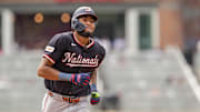 Sep 24, 2025; Cumberland, Georgia, USA; Washington Nationals left fielder James Wood (29) reacts after hitting a home run against the Atlanta Braves during the eighth inning at Truist Park. 