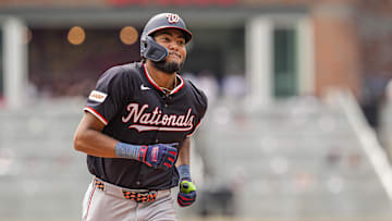 Sep 24, 2025; Cumberland, Georgia, USA; Washington Nationals left fielder James Wood (29) reacts after hitting a home run against the Atlanta Braves during the eighth inning at Truist Park. 