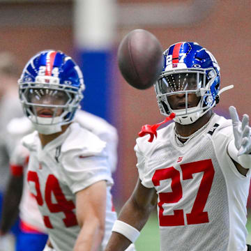Jun 17, 2025; East Rutherford, NJ, USA; New York Giants safety Tyler Nubin (27) participates in a drill during minicamp at Quest Diagnostics Training Center.  