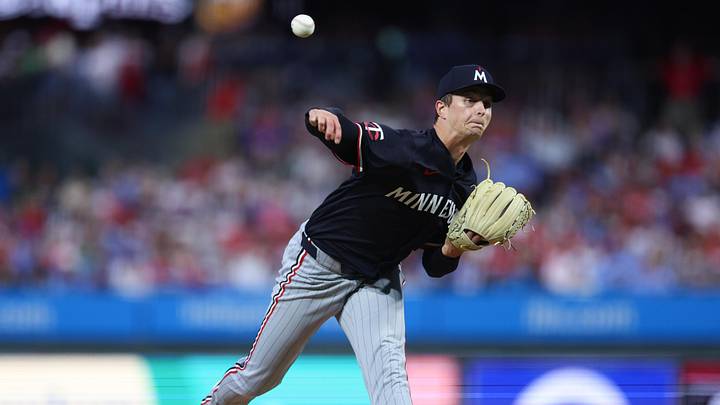 Sep 27, 2025; Philadelphia, Pennsylvania, USA; Minnesota Twins pitcher Mick Abel (20) throws a pitch during the second inning against the Philadelphia Phillies at Citizens Bank Park. Mandatory Credit: Bill Streicher-Imagn Images