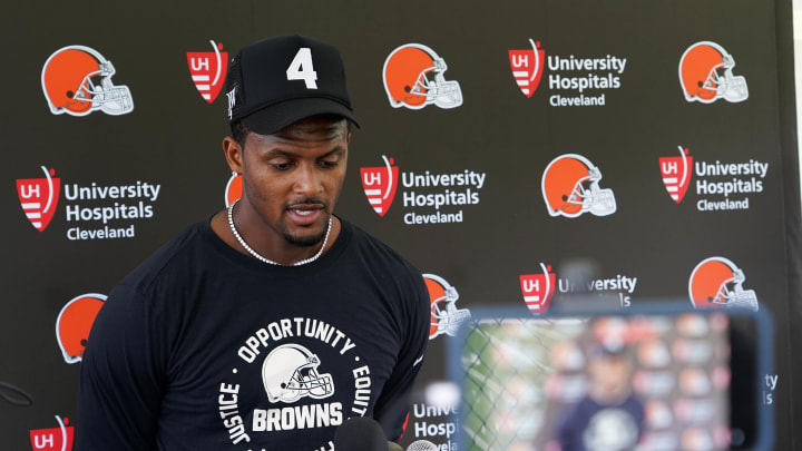 Deshaun Watson meets with the media on the second day of Browns training camp at the Greenbrier Resort in White Sulphur Spring, W. Va.